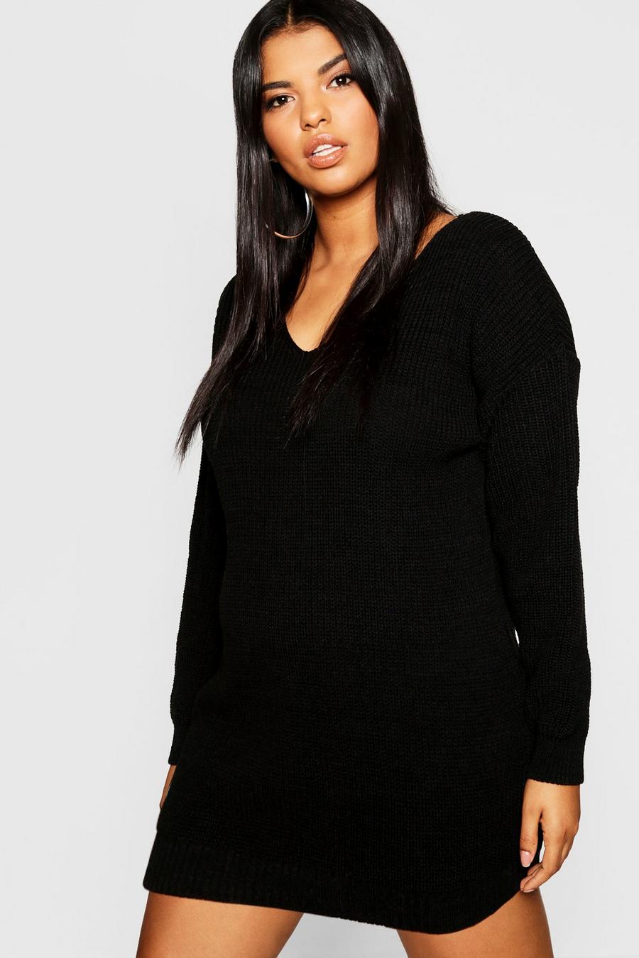 Plus Pullover-Minikleid mit V-Ausschnitt, Schwarz image number 1