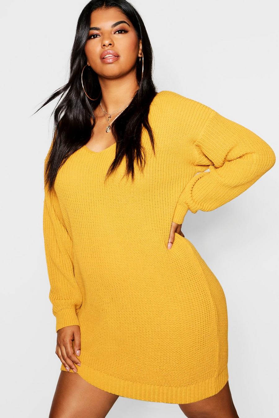 Grande taille - Robe pull courte à col en V , Moutarde yellow