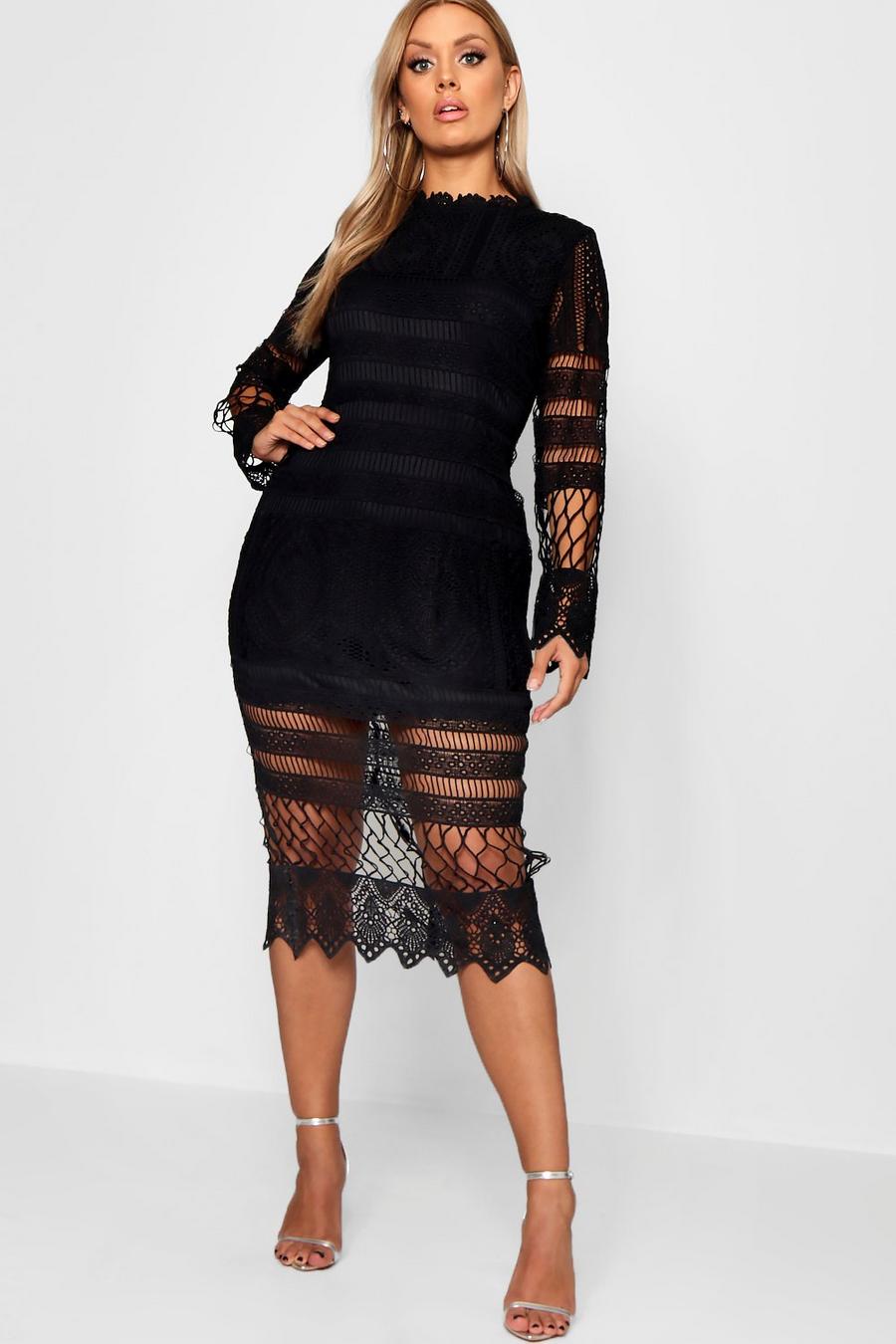 Black Plus Lace Paneled Midi Dress image number 1