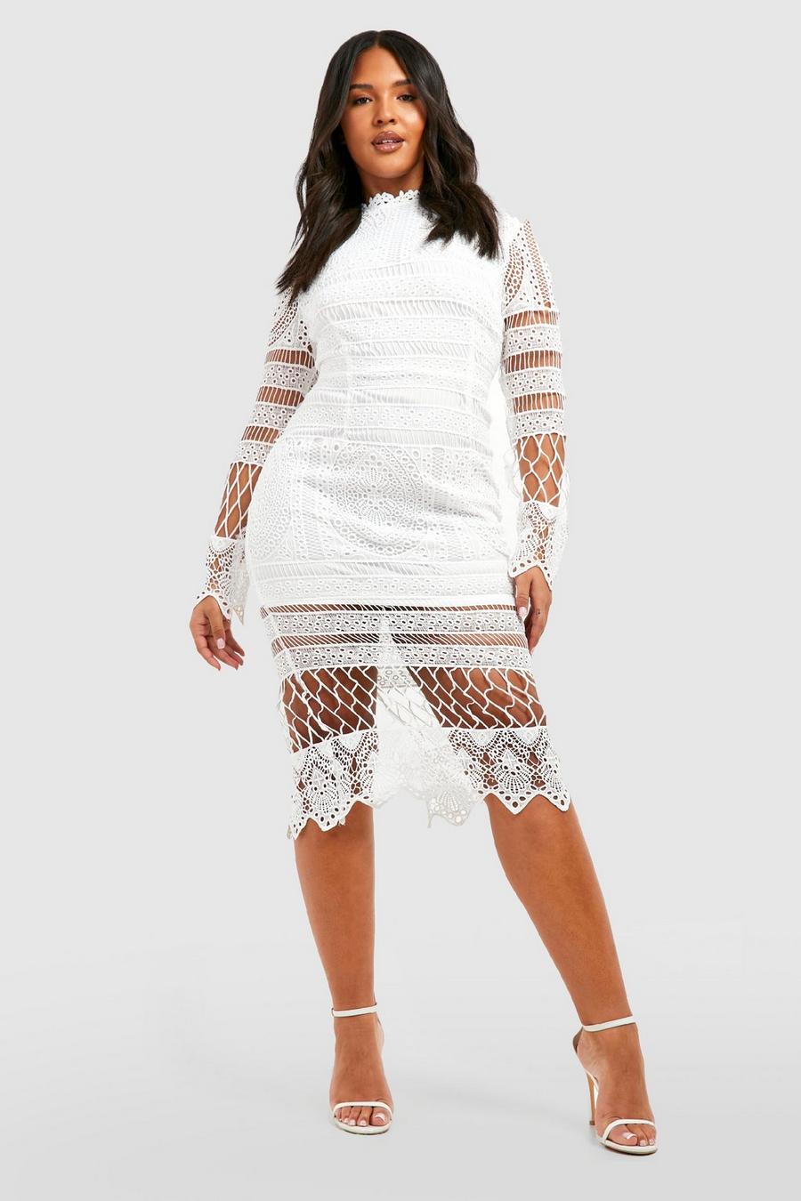Ivory white Plus Lace Paneled Midi Dress