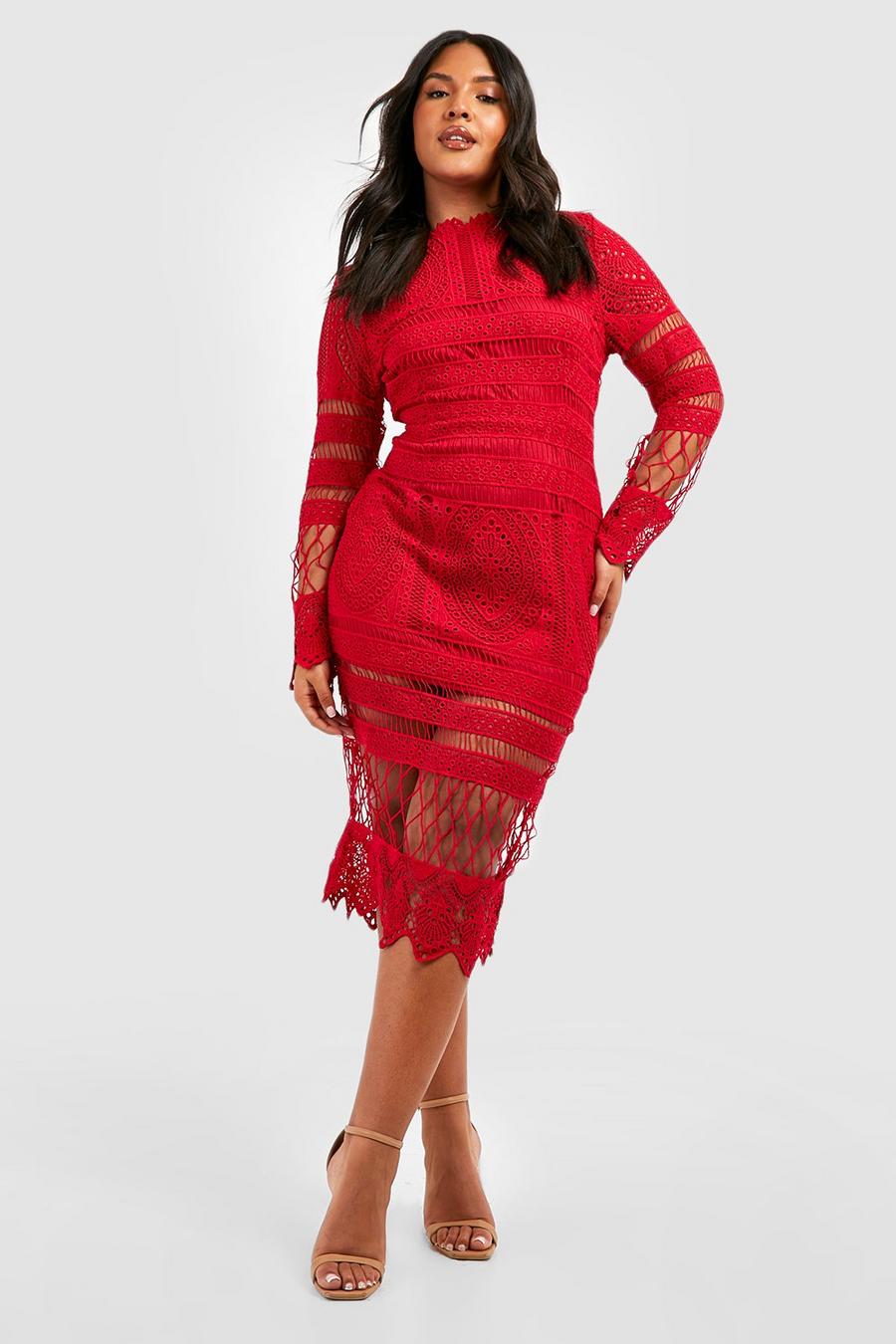 Red Plus Lace Paneled Midi Dress image number 1