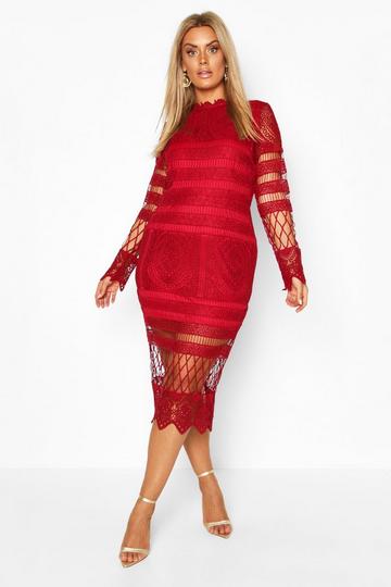 Wine Red Plus Lace Paneled Midi Dress