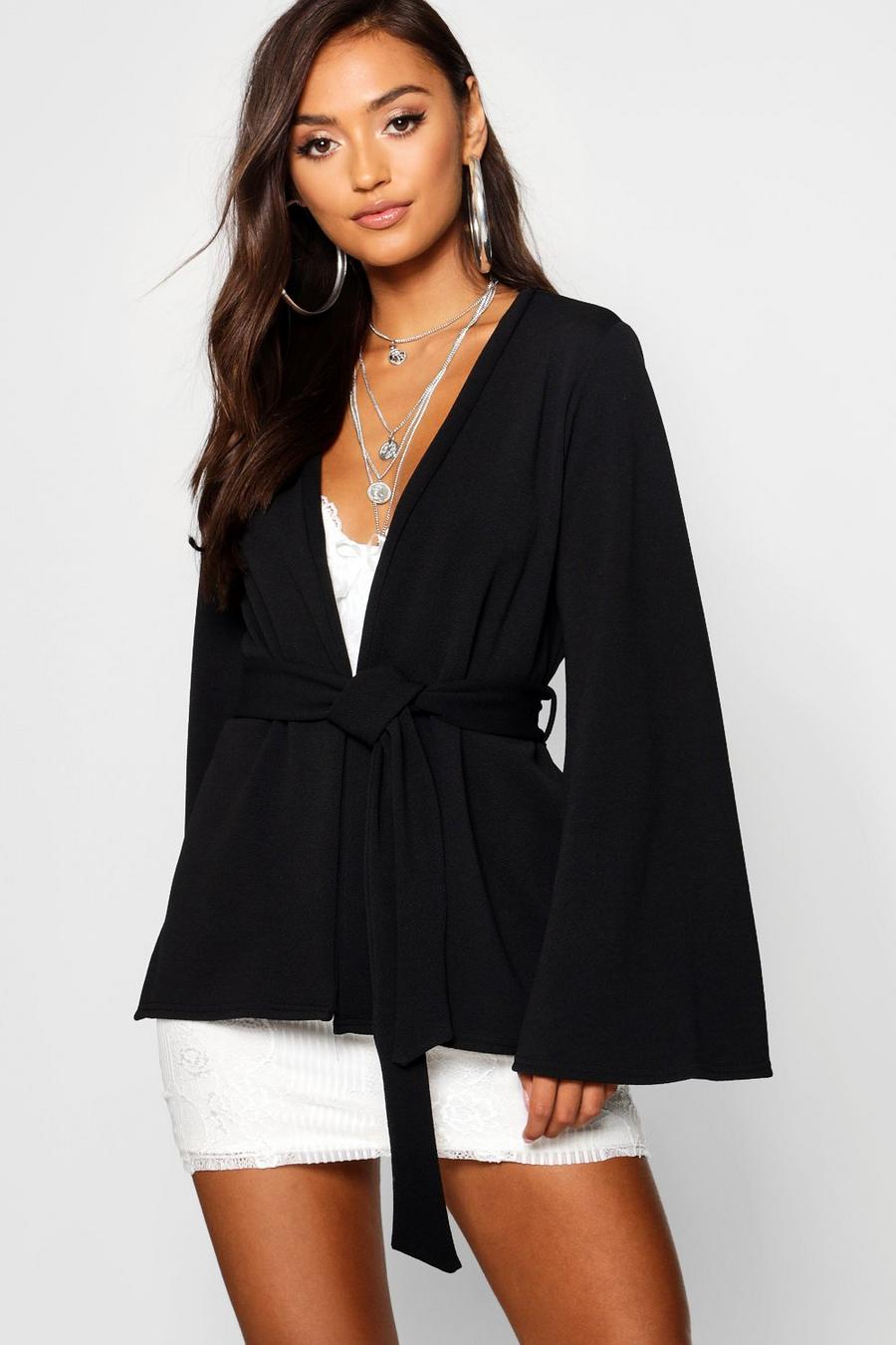 Black Petite Kimono Sleeve Belted Blazer image number 1