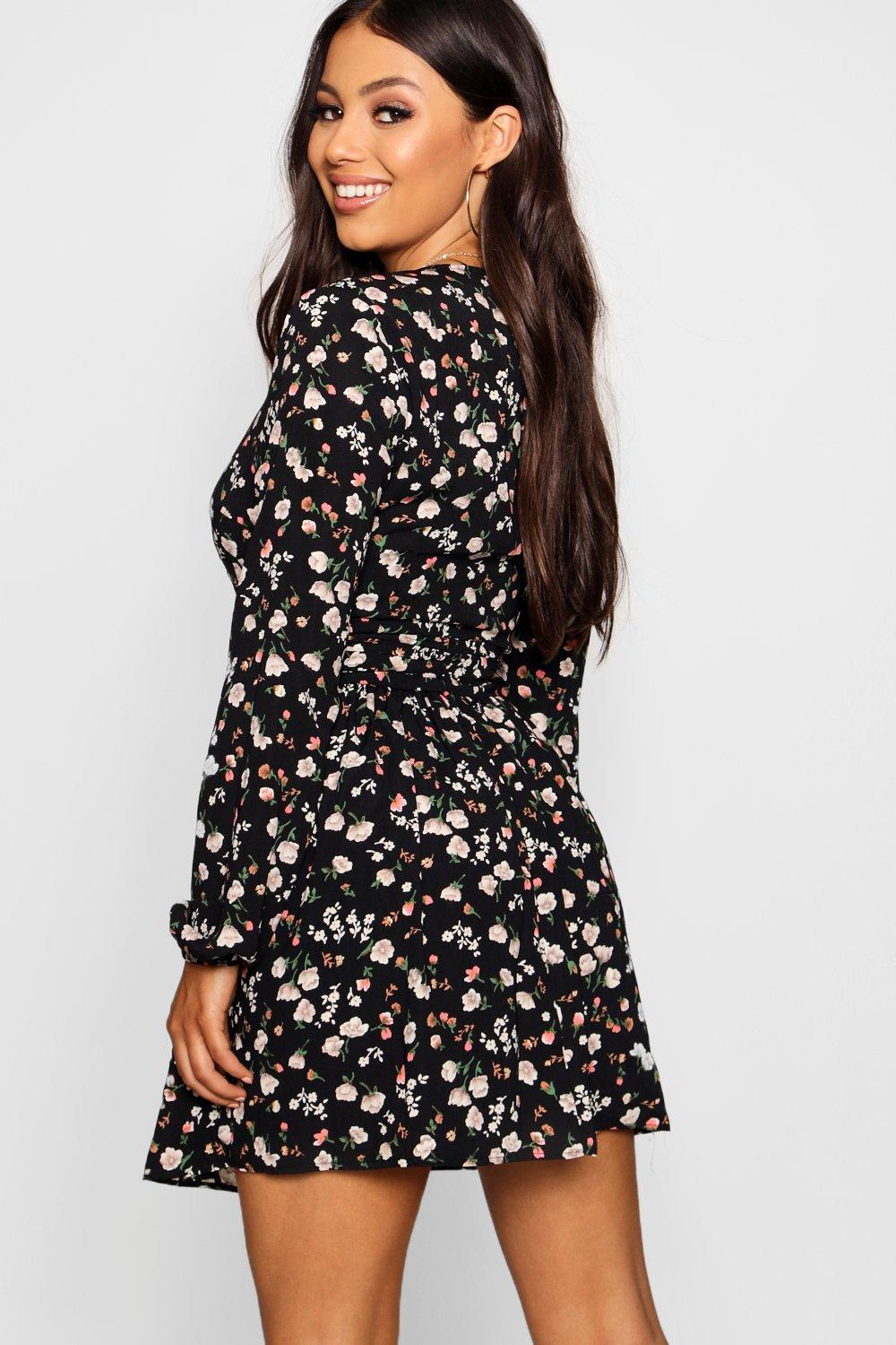 Petite Long Sleeve Floral Woven Skater Dress