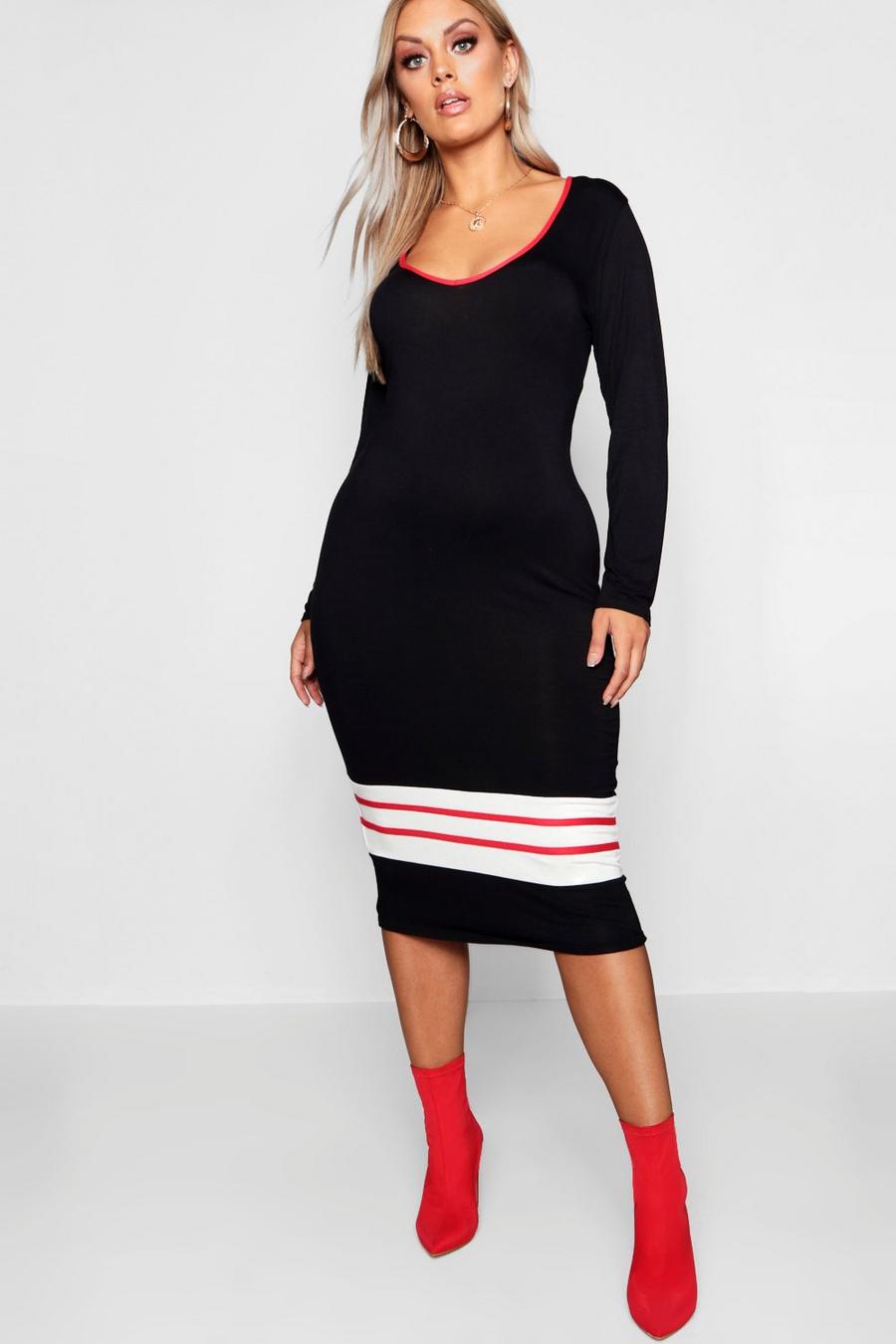Black Plus Long Sleeved Sports Trim Midi Dress image number 1
