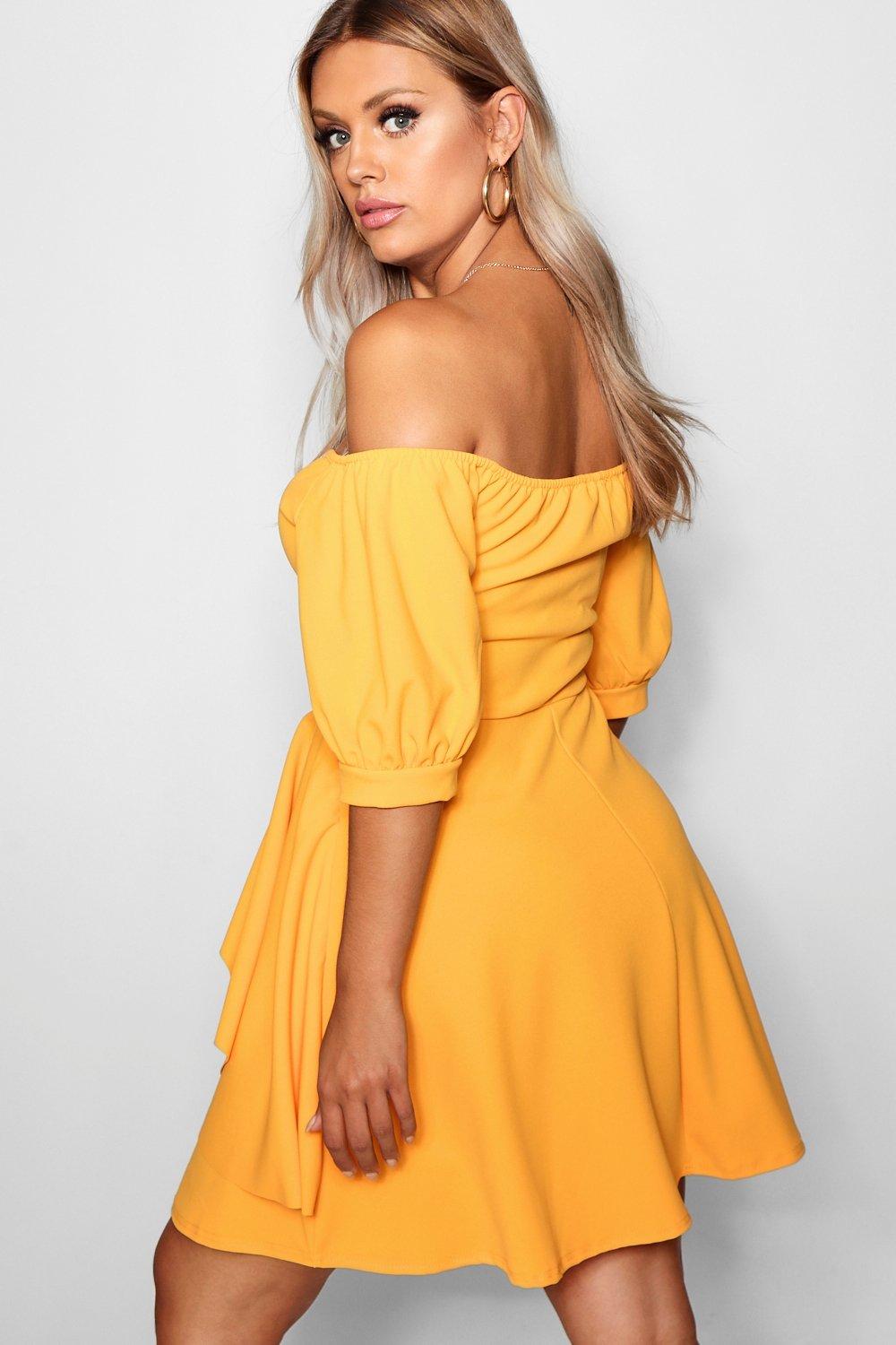 plus bardot ruffle skater dress