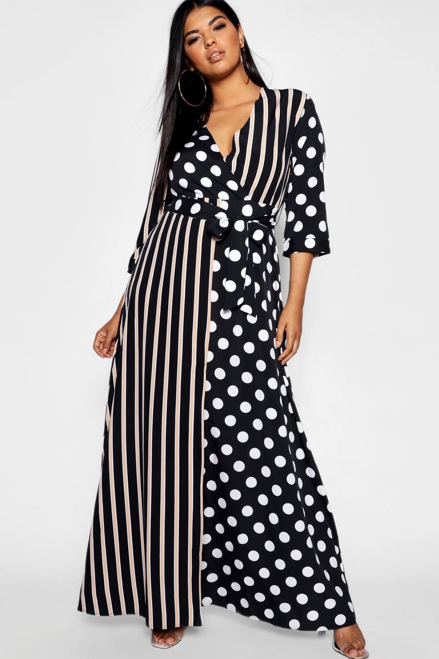 Black Plus Polka Dot + Stripe Maxi Shirt Dress image number 1