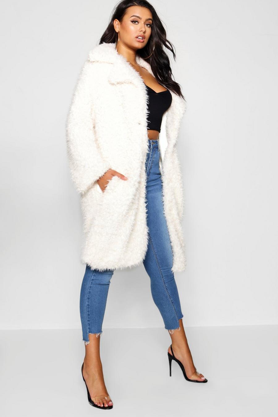 Cream Plus Long Sleeve Faux Fur Coat image number 1