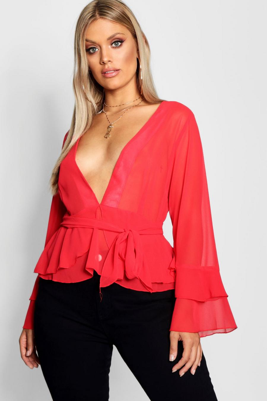 Red Plus Plunge Knot Wrap Blouse image number 1