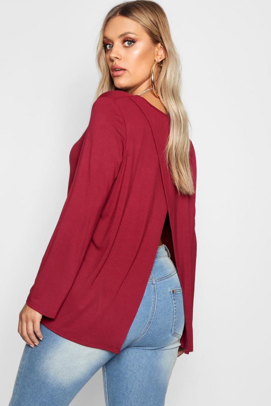 Berry Plus Jersey Knit Long Sleeve Open Back T-Shirt image number 1