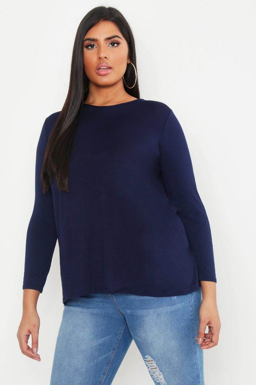 Navy Plus Jersey Knit Long Sleeve Open Back T-Shirt image number 1