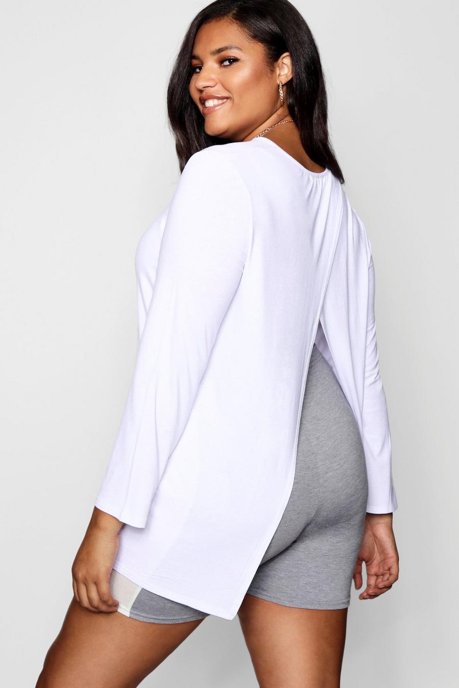 White Plus Jersey Knit Long Sleeve Open Back T-Shirt image number 1