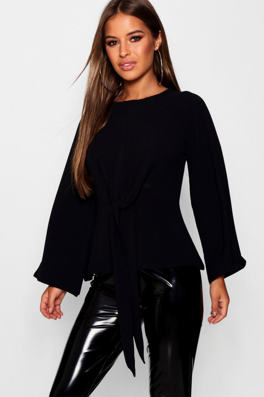 Black Petite Woven Tie Front Blouse image number 1