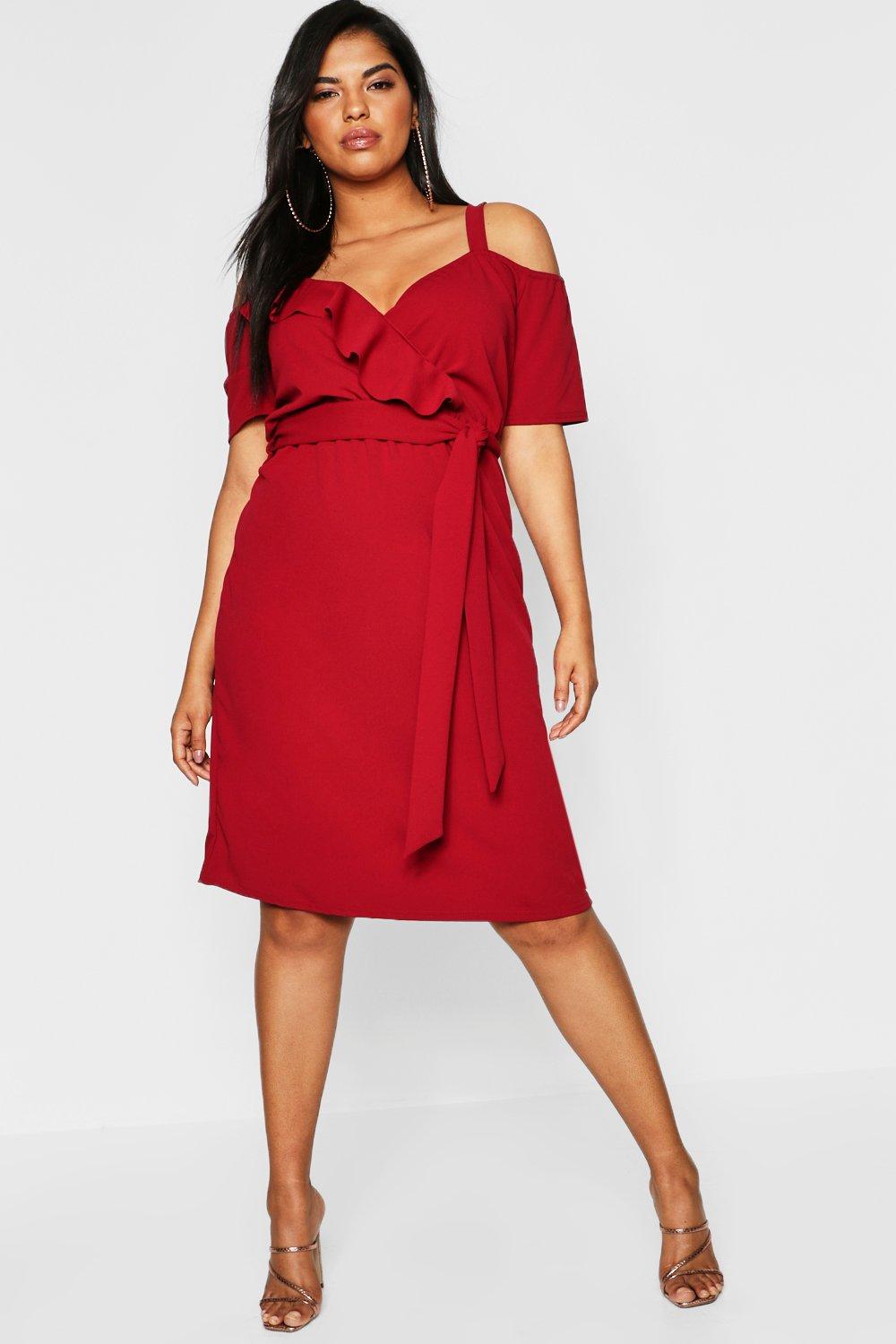 plus plunge ruffle belt midi dress