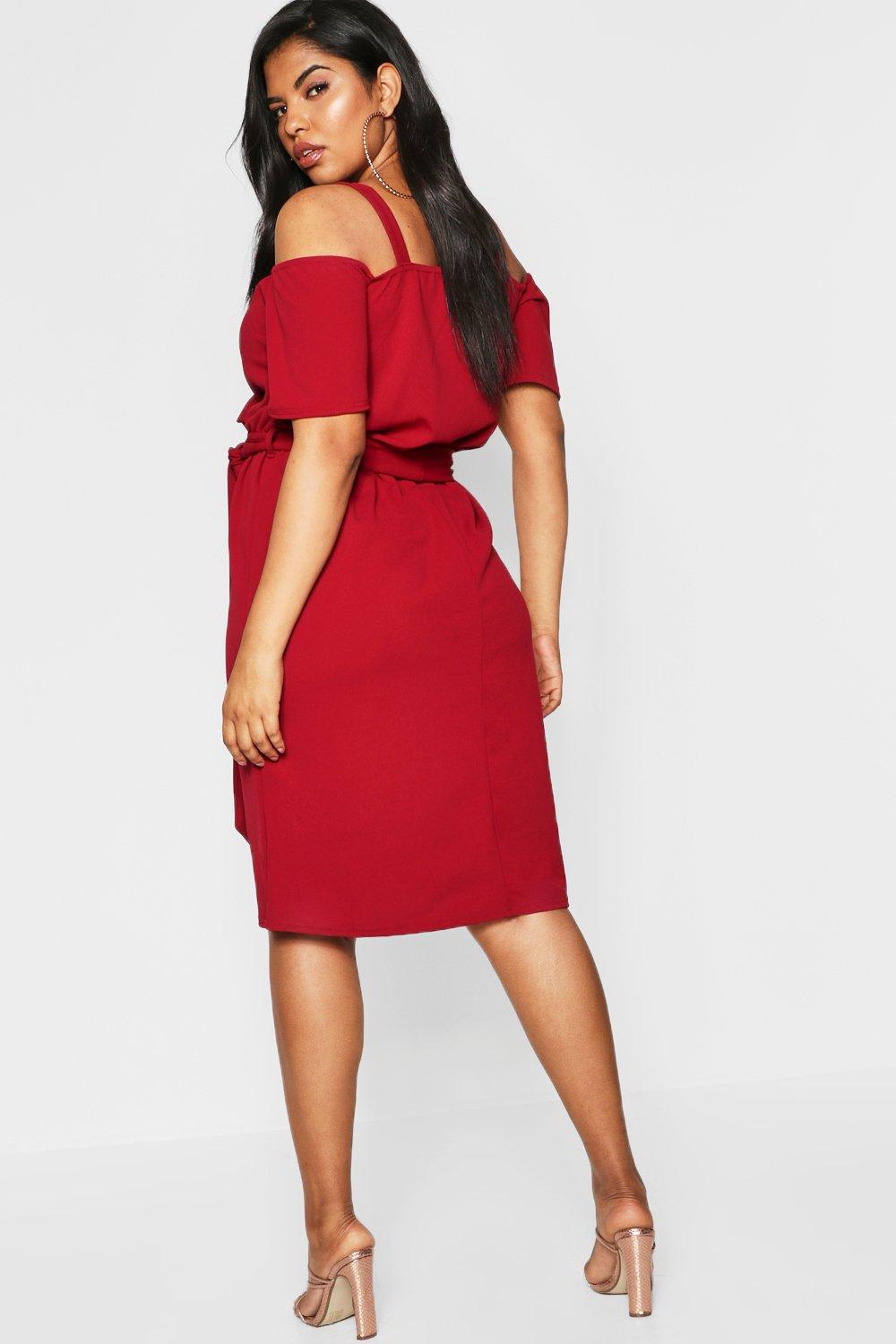 plus plunge ruffle belt midi dress