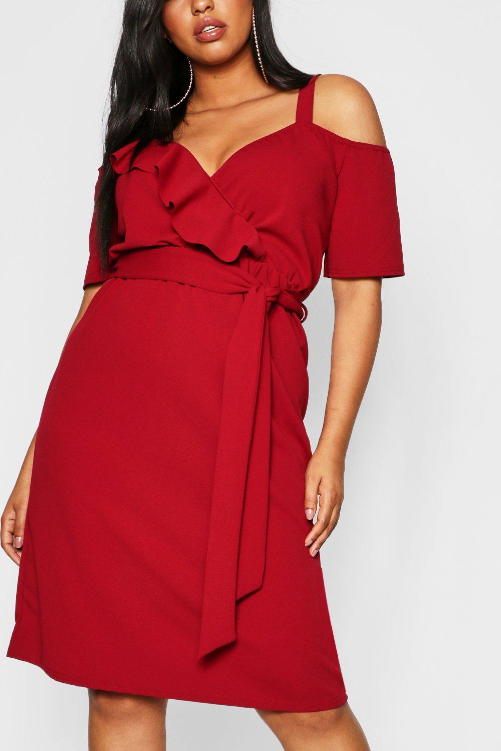 plus plunge ruffle belt midi dress