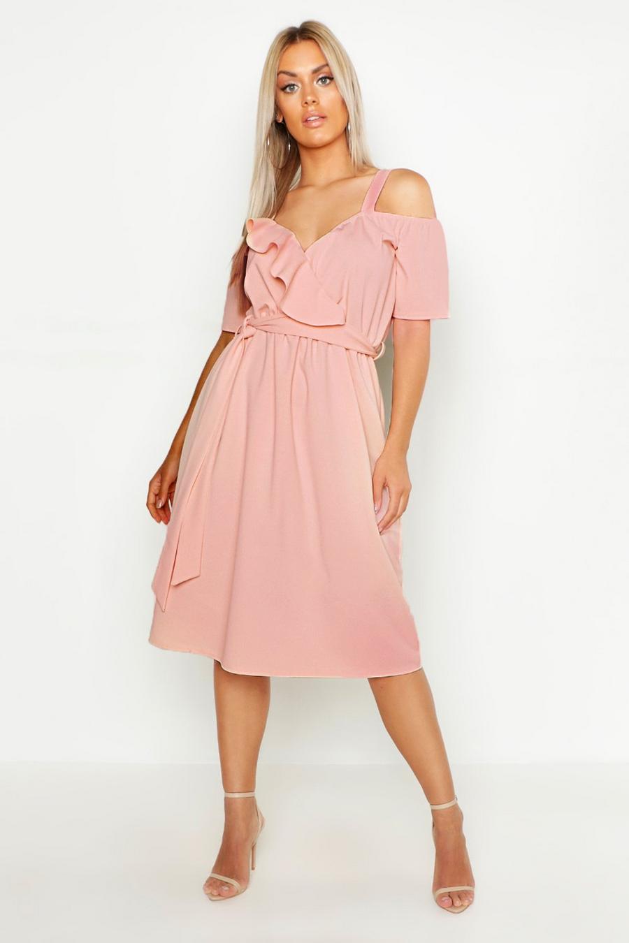 Blush pink Plus Plunge Ruffle Belt Midi Dress