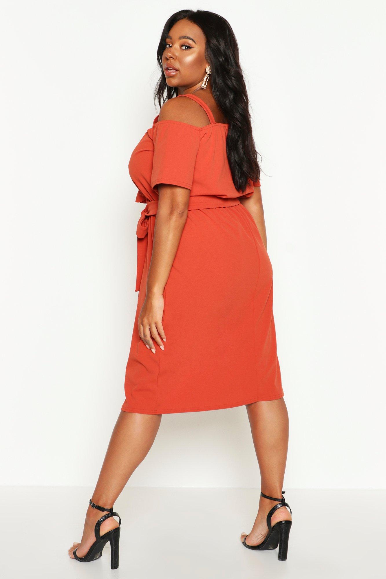 Plus plunge ruffle store belt midi dress