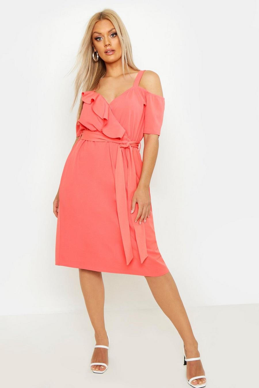 Vestito midi Plus Size con scollo profondo, arricciature e cintura, Coral rosa