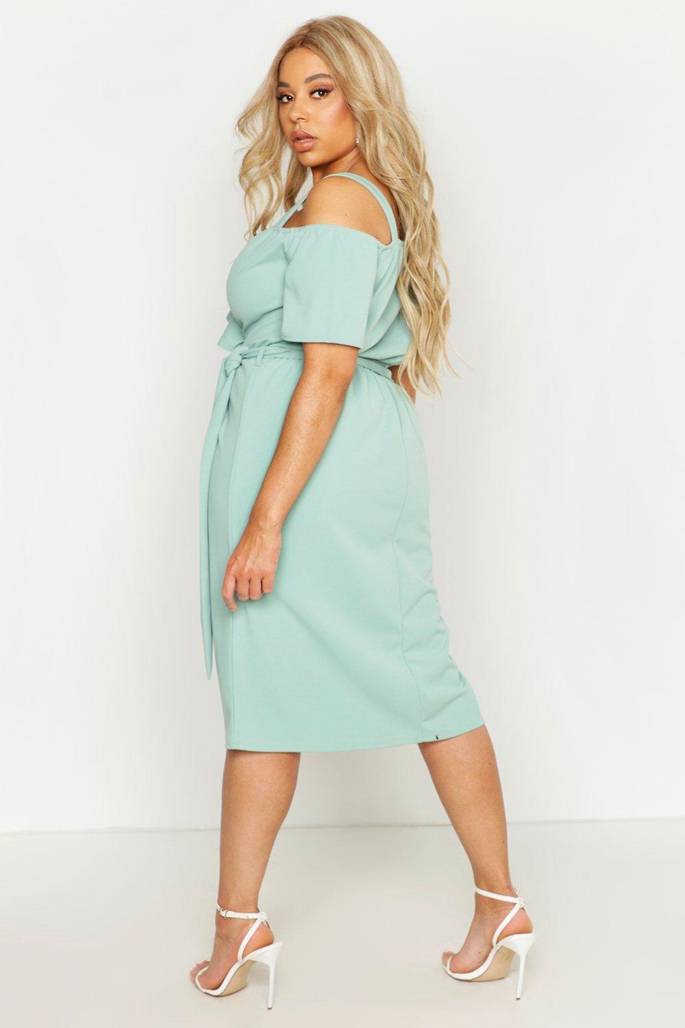 Plus plunge ruffle hot sale belt midi dress