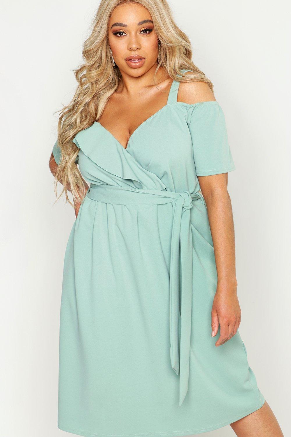 Plus plunge ruffle hot sale belt midi dress