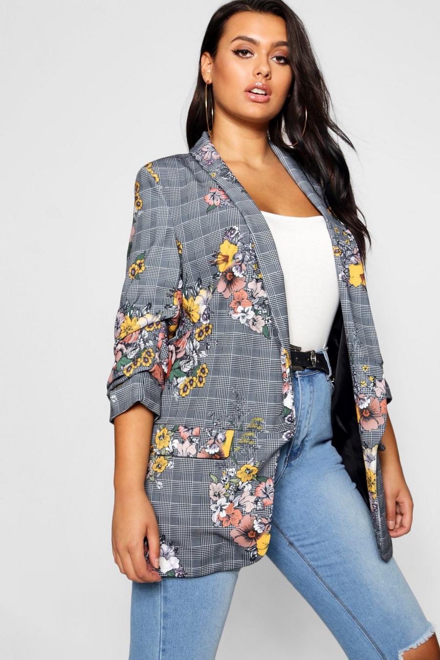 Plus Floral Check Rouched Sleeve Fitted Blazer image number 1