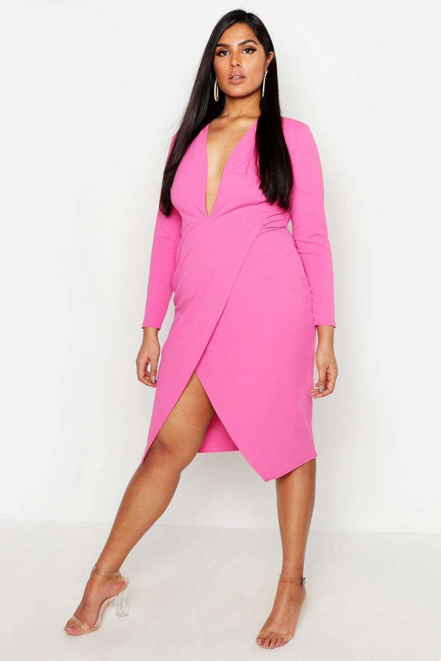 Bright pink Plus - Midiklänning i omlottmodell med djup urringning image number 1