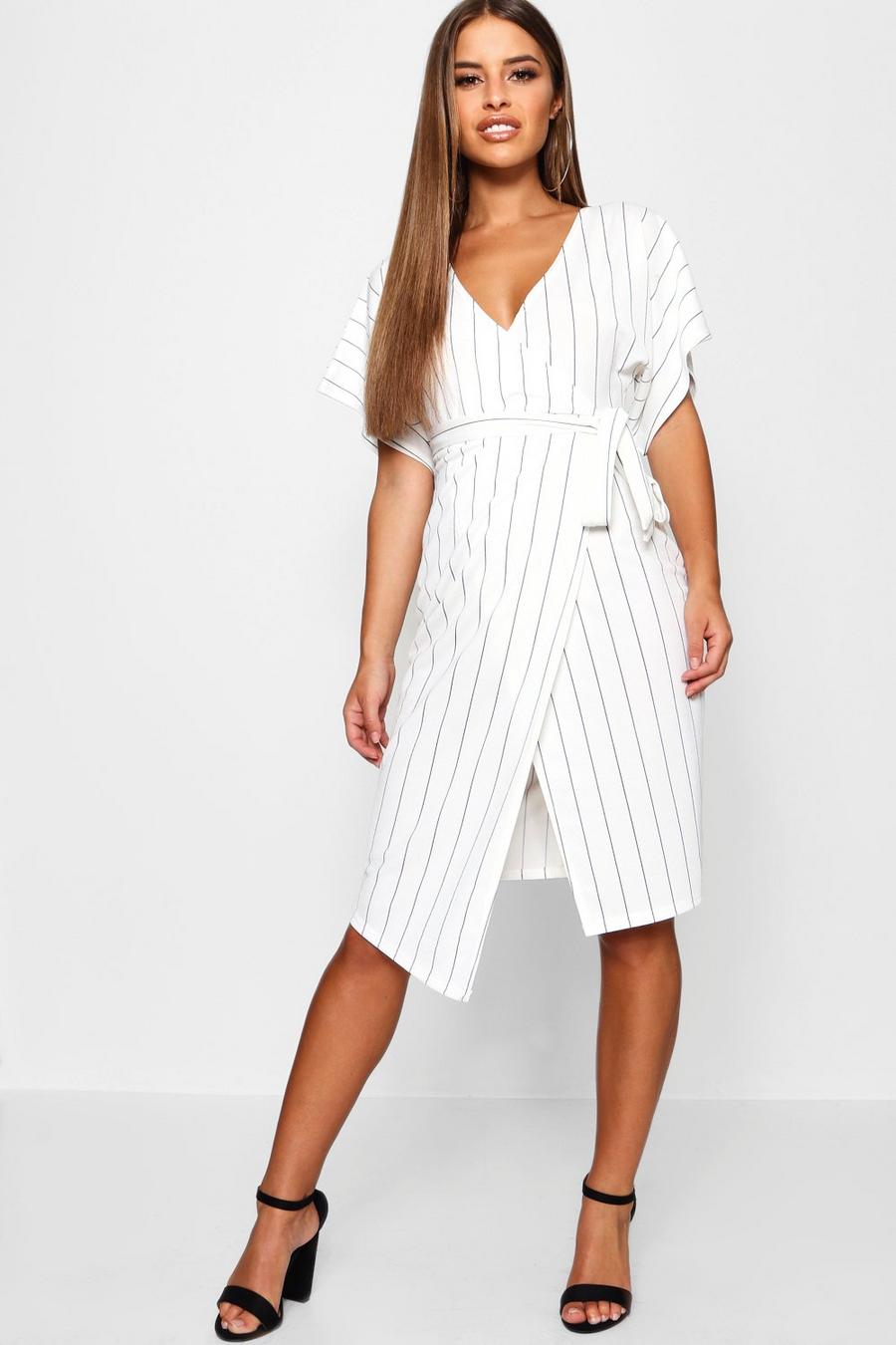 Petite Crepe Pin Stripe Wrap Midi Dress image number 1
