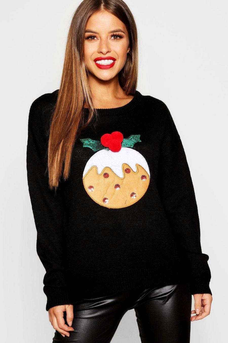 Black Petite Sequin Christmas Pudding Sweater image number 1