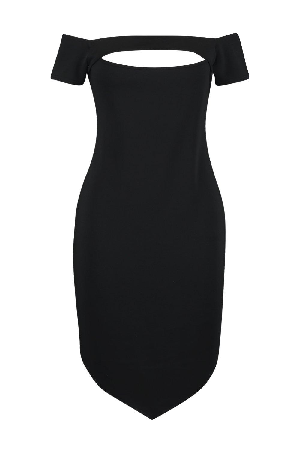 boohoo petite bardot wrap bodycon midi dress in black