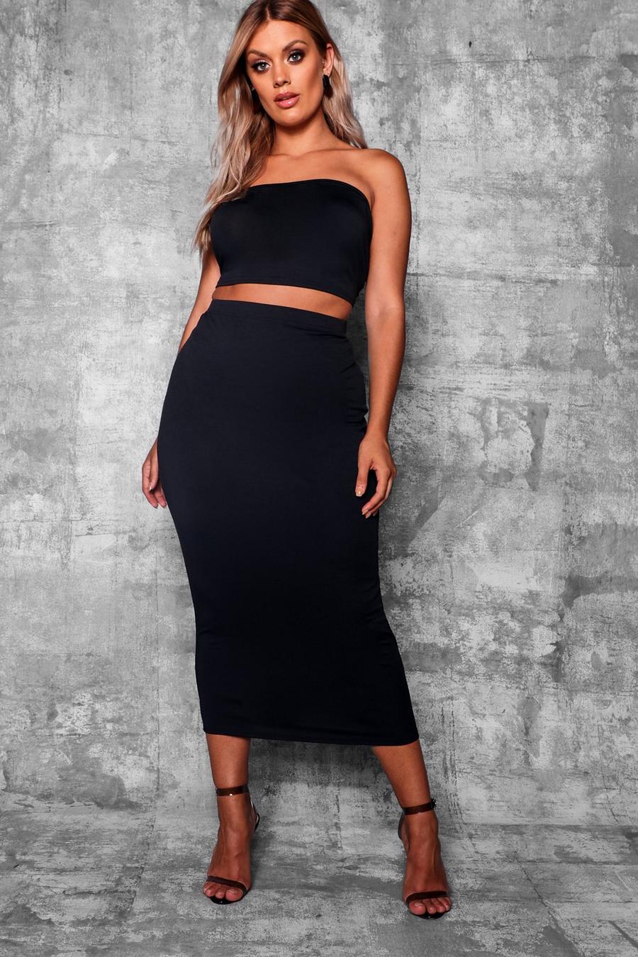 Black Plus Crepe Basic Midi Bodycon Skirt image number 1