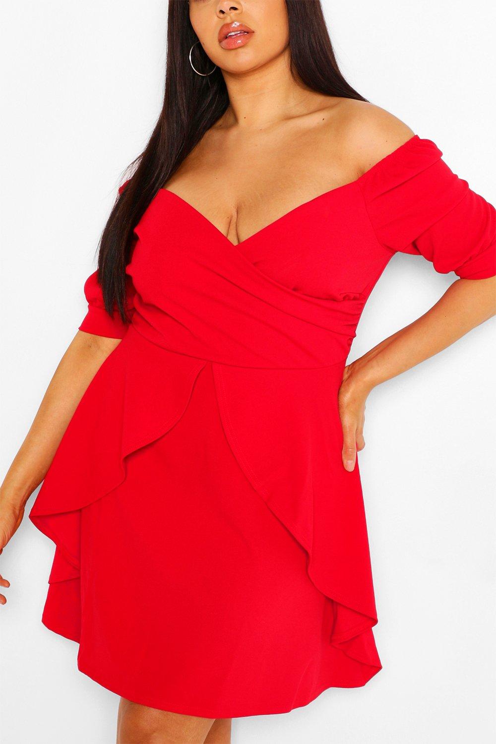 plus bardot ruffle skater dress