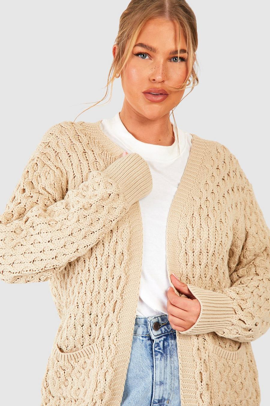 Grande taille - Cardigan oversize en maille crochet, Roche beige