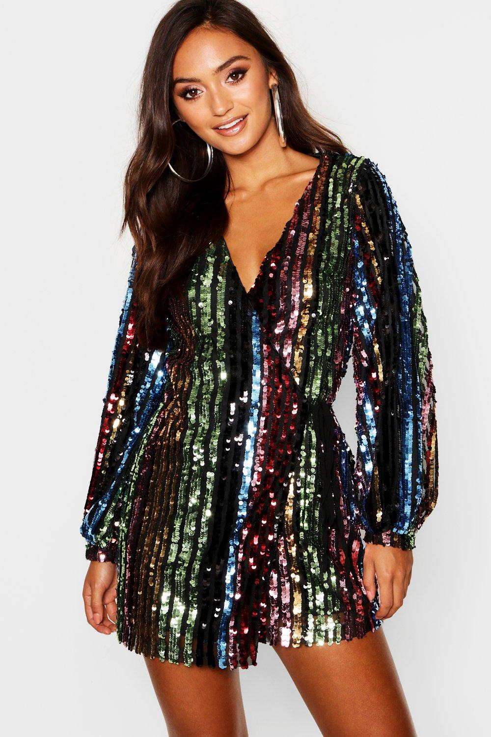 rainbow sequin blouson sleeve wrap dress