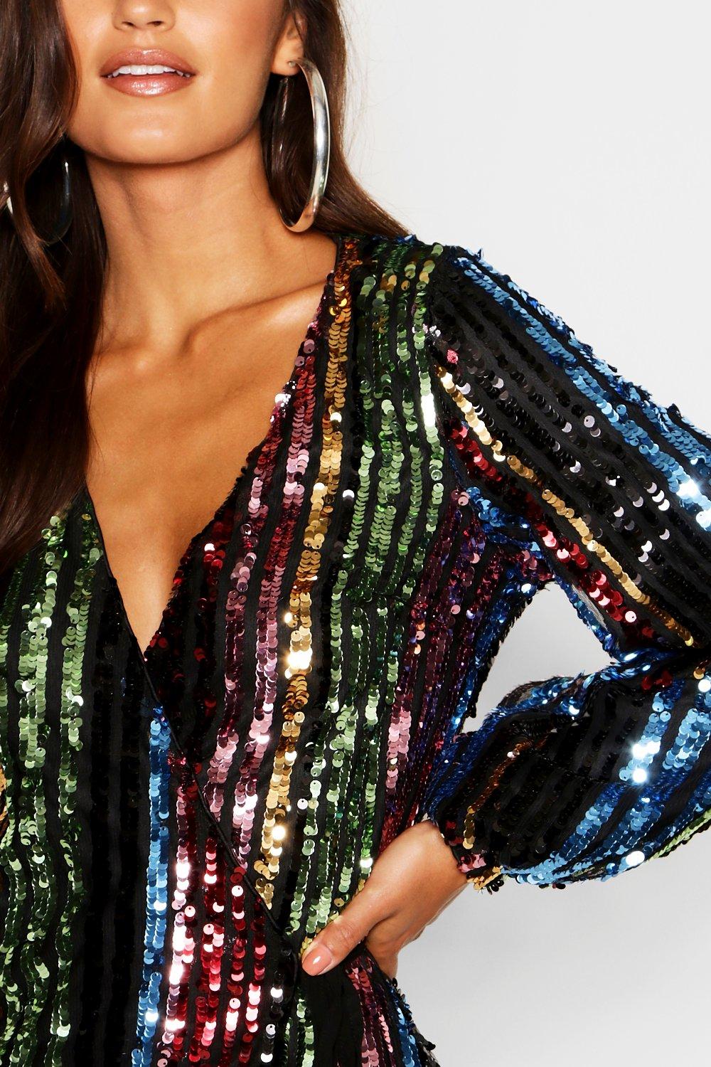 rainbow sequin blouson sleeve wrap dress