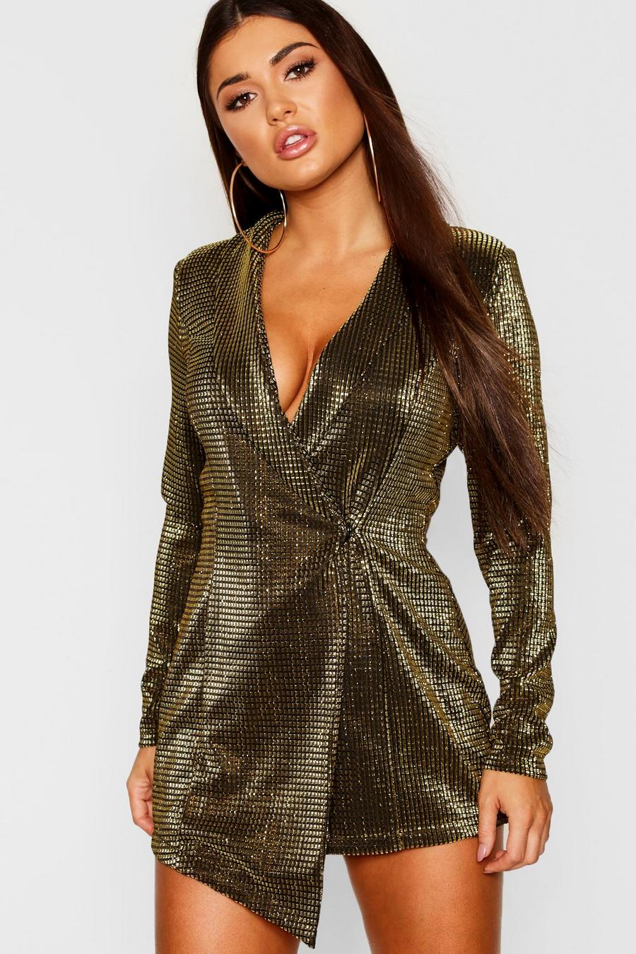 Gold Petite Metallic Blazer Dress image number 1