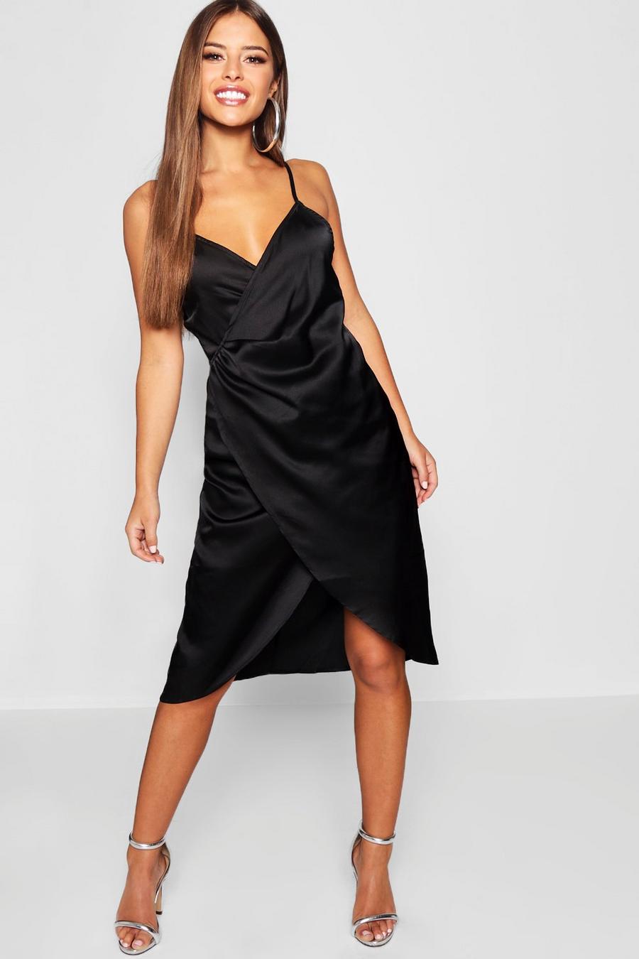 Black Petite Satin Wrap Midi Dress image number 1