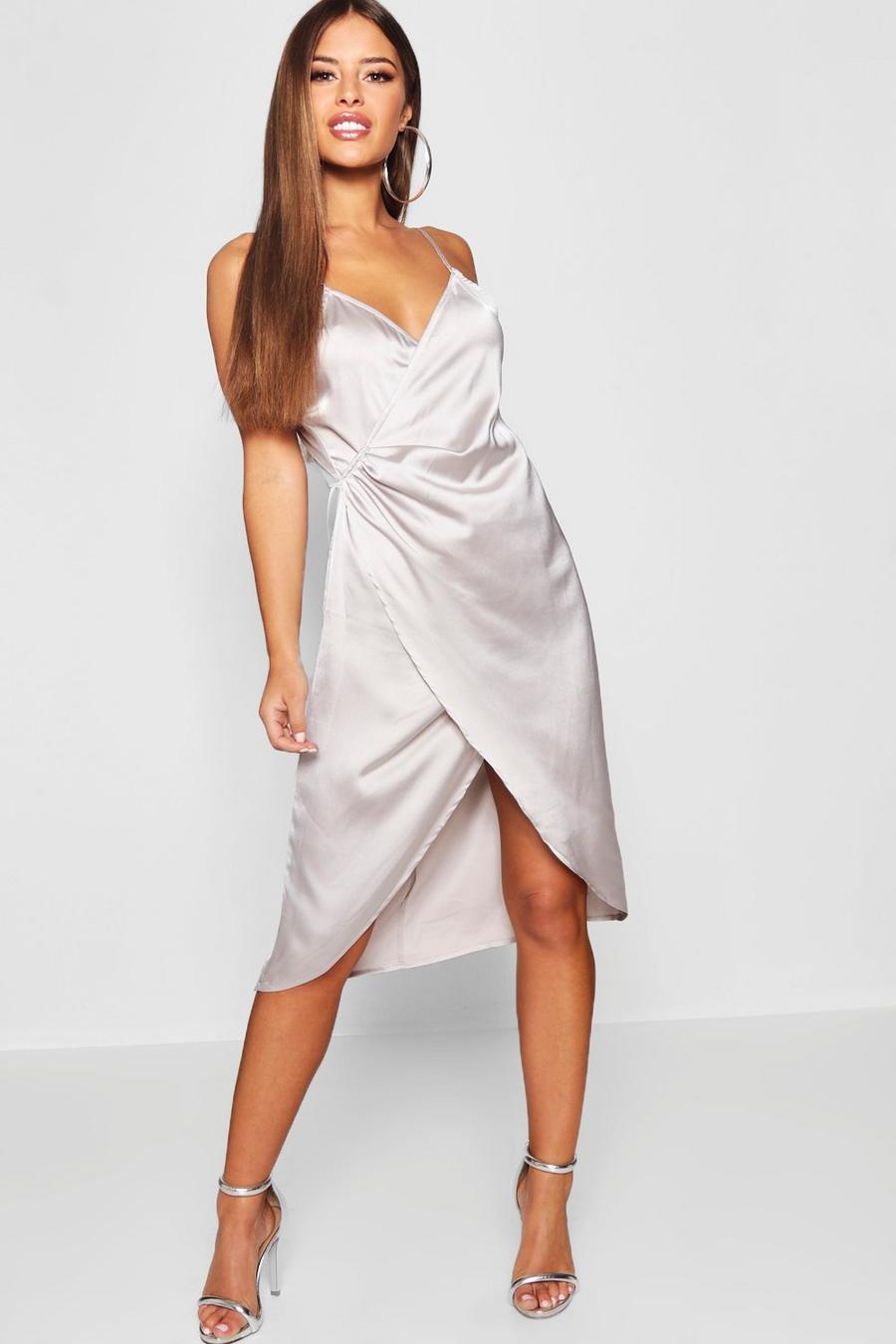 Grey Petite Satin Wrap Midi Dress image number 1
