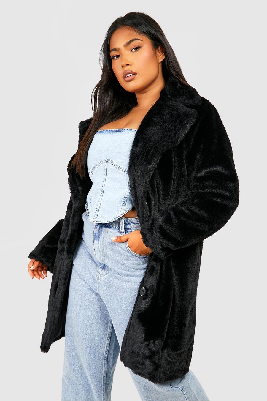 Black Plus Collared Faux Fur Coat