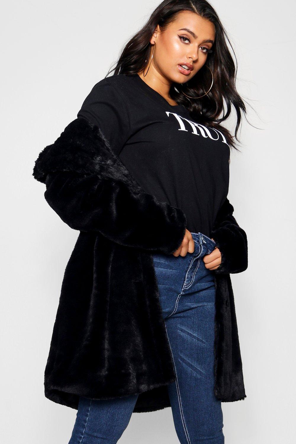 black faux fur coat plus size