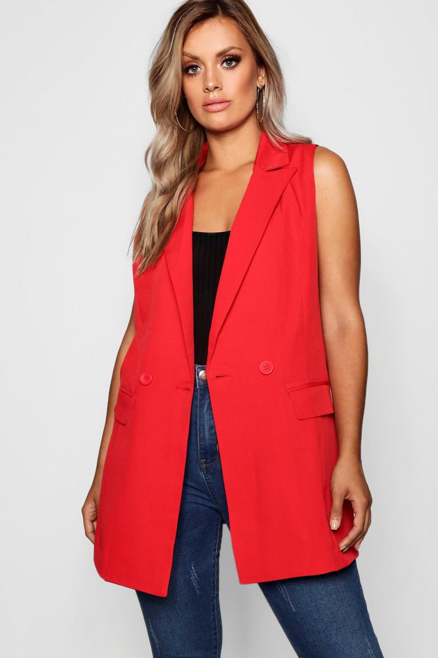 Red Plus Longline Double Breasted Sleeveless Blazer image number 1
