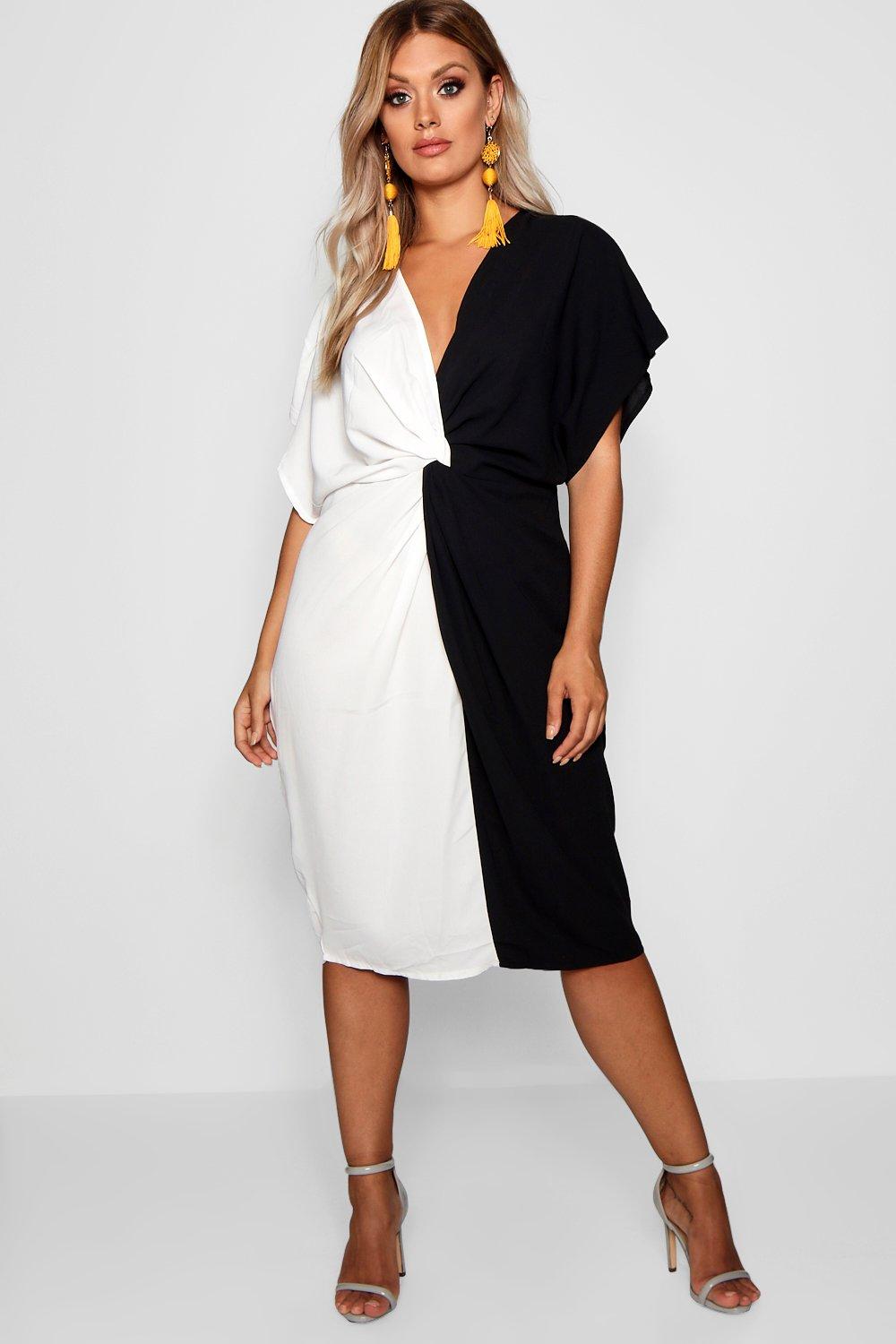 plunge front midi dress