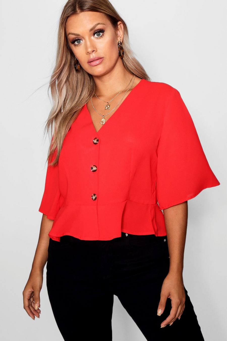 Plus-Size Kurze Bluse mit V-Ausschnitt und Kontrastknöpfen, Rot image number 1