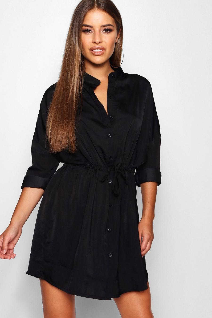 Black Petite - Skjortklänning i satin med knytskärp image number 1