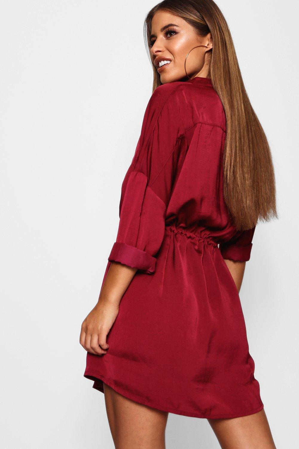 satin tie waist shirt dress