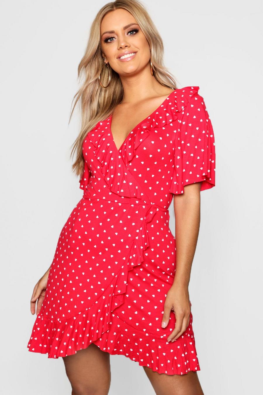 Red Plus Heart Printed Wrap Ruffle Dress image number 1