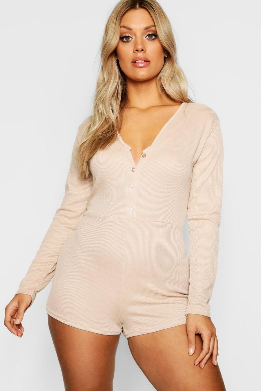 Plus Ribbed Button Detail PJ Romper image number 1