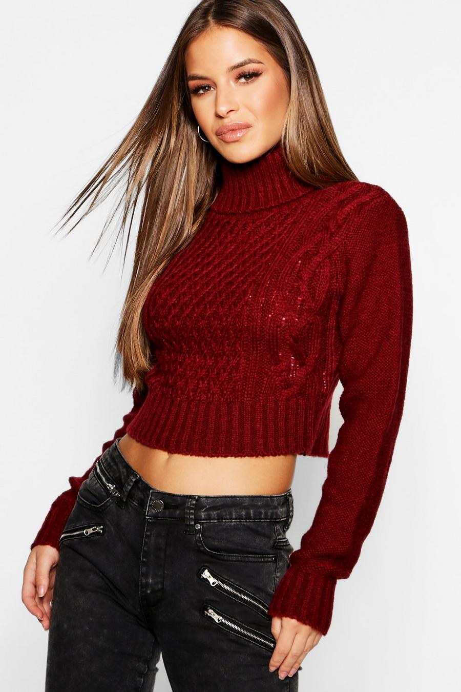 Women's Petite Roll Neck Cable Knit Crop Jumper | Boohoo UK
