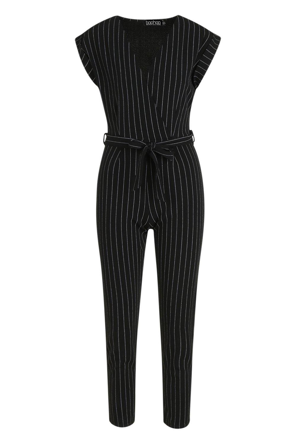 Petite Pinstripe Wrap Over Jumpsuit