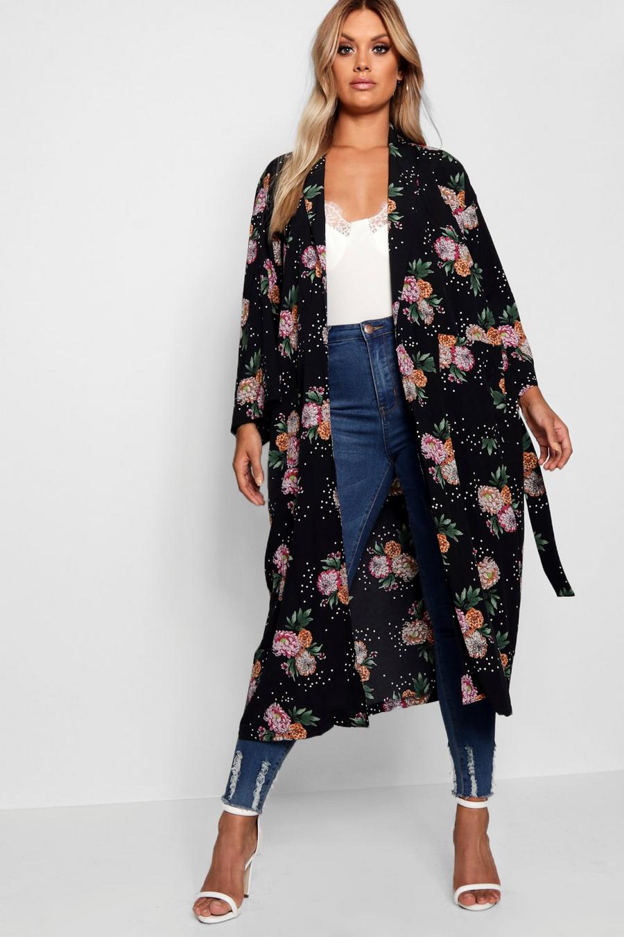 Plus Duster-Jacke im Kimono-Look mit Blumenmuster, Schwarz image number 1